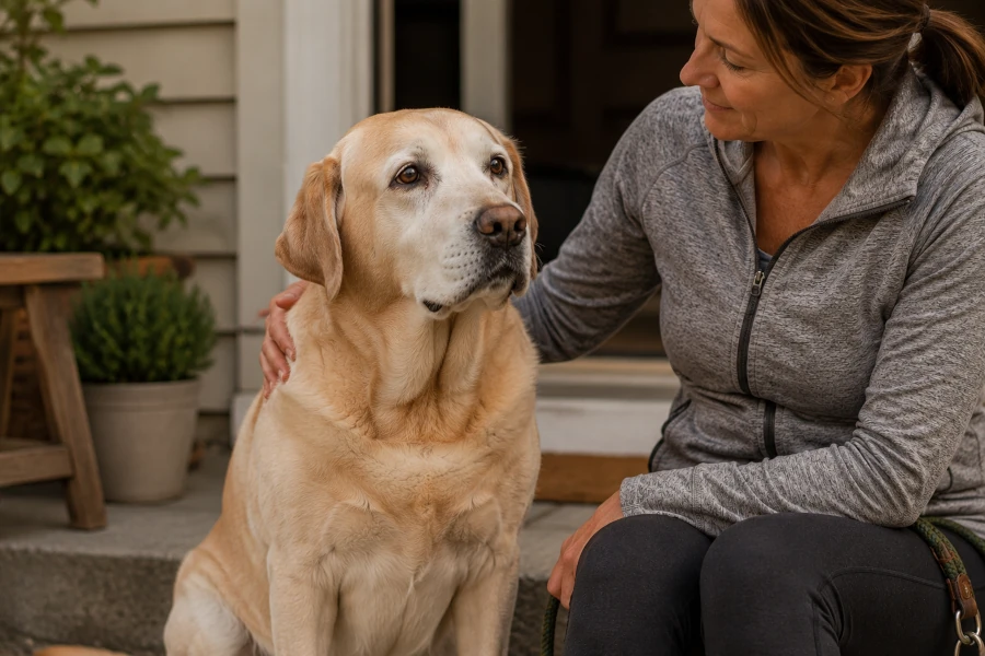 Senior Labrador Retriever sitting peacefully beside the owner after a daily walk