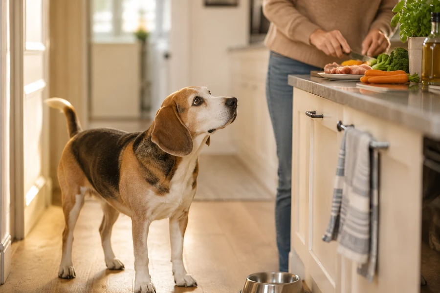Senior Beagle standing attentively in a bright kitchen hallway while the owner prepares a balanced meal