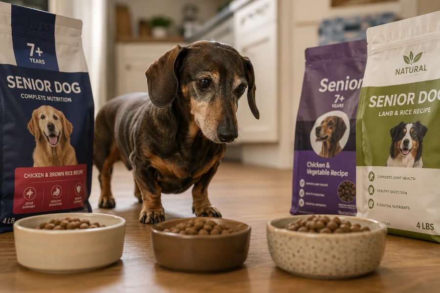 Senior Dachshund calmly inspecting different senior dog food options arranged on a kitchen floor during a food comparison moment