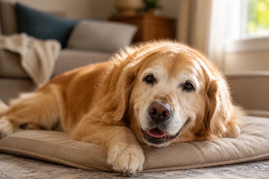 Senior Golden Retriever resting peacefully after a meal in a comfortable living room