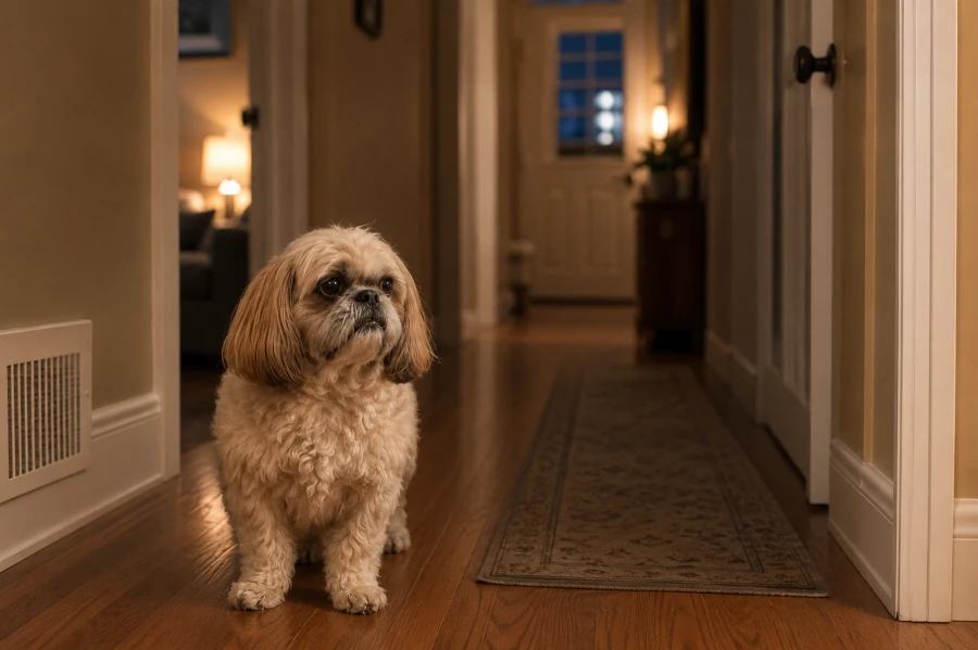 Senior Shih Tzu standing calmly in a home hallway nighttime, natural relaxed posture