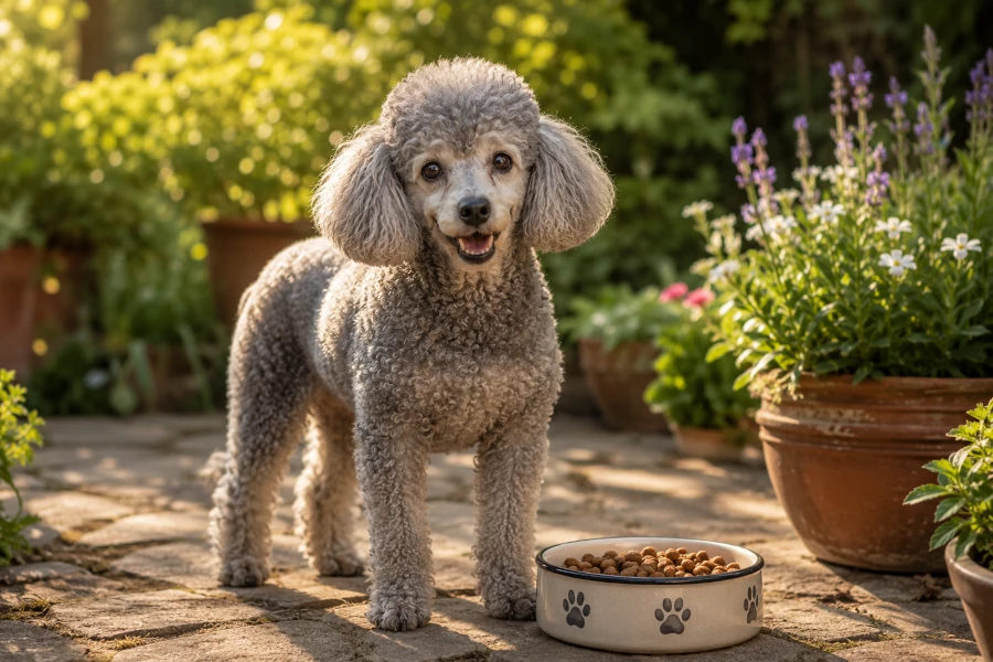 Senior Poodle standing calmly in a well-kept backyard garden near a food bowl