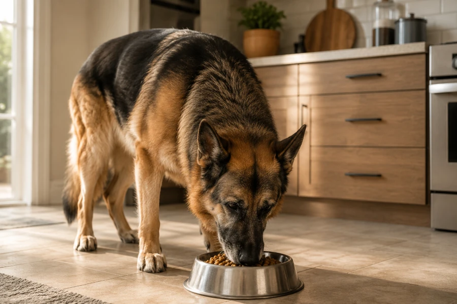 Senior German Shepherd comfortably eating a balanced meal in the kitchen