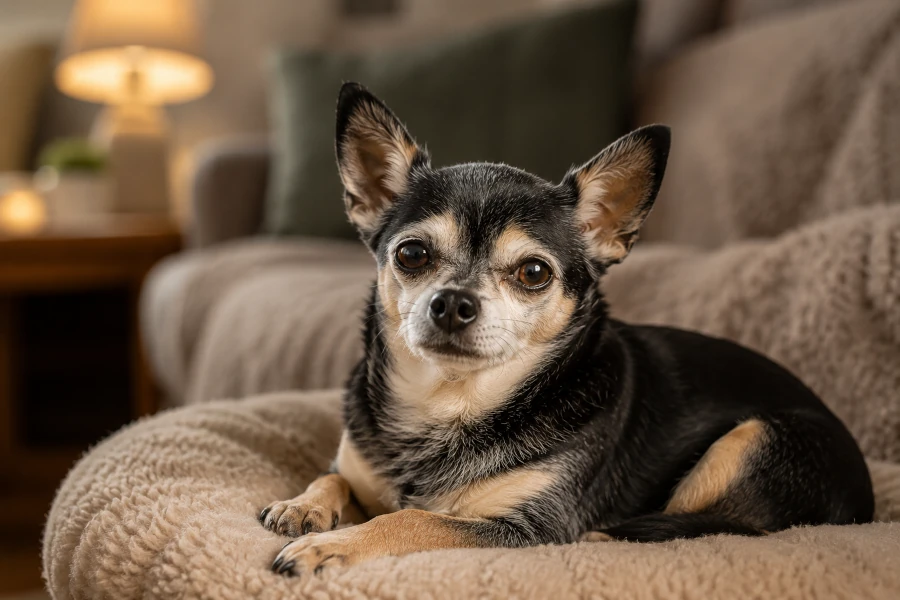 Senior Chihuahua resting peacefully after an evening meal in a quiet living room